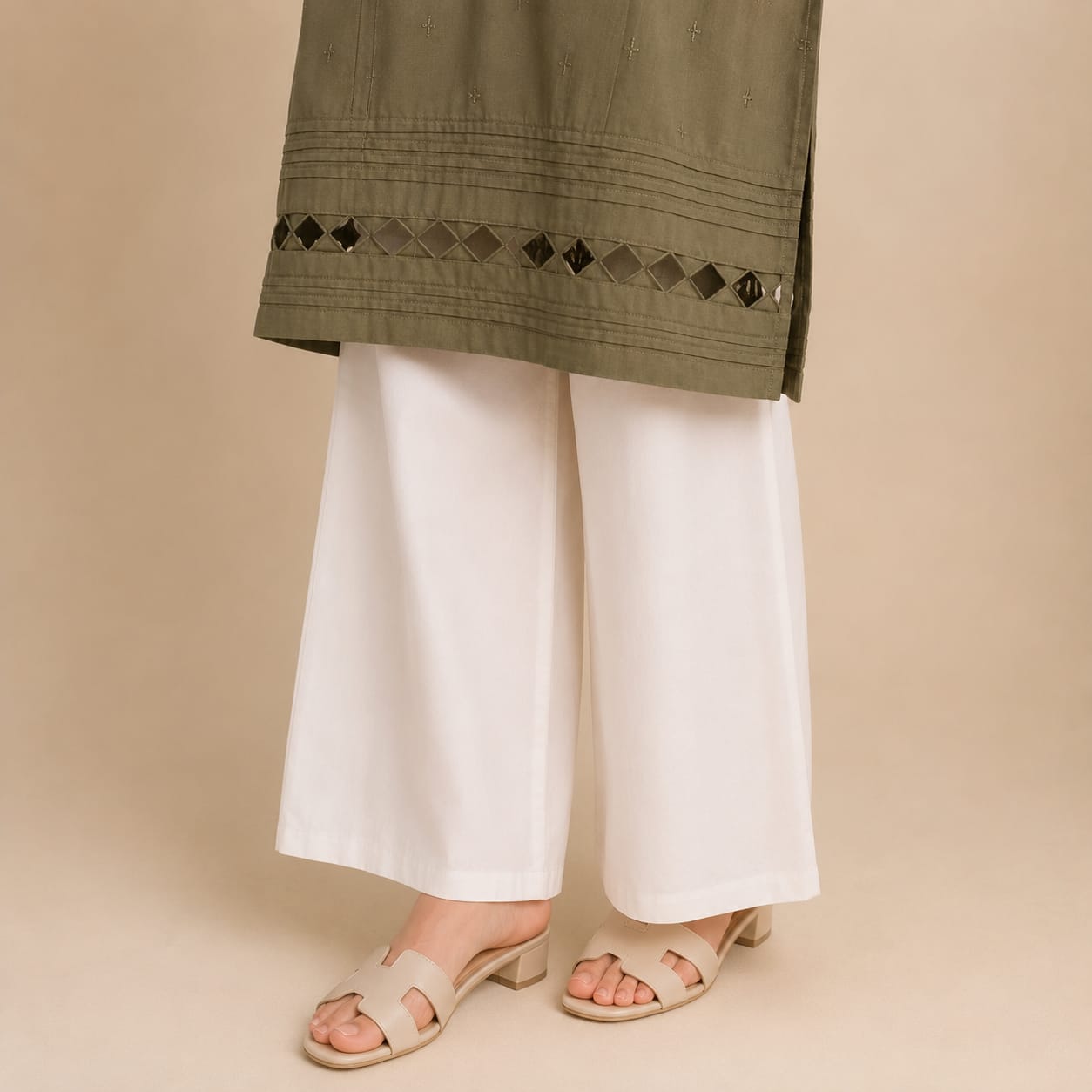 Olive Green Cotton Kurta with White Wide Leg Trousers