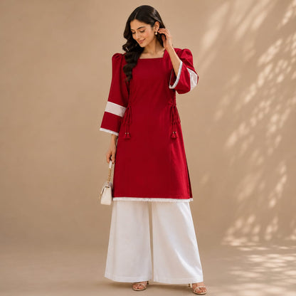 Ruby Red Cotton Kurta with White Wide Leg Trousers