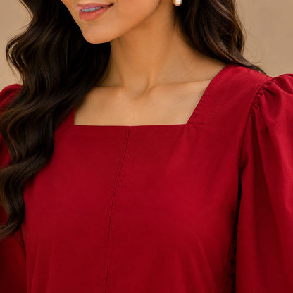 Ruby Red Cotton Kurta with White Wide Leg Trousers