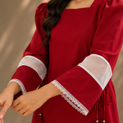 Ruby Red Cotton Kurta with White Wide Leg Trousers