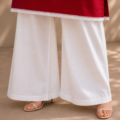 Ruby Red Cotton Kurta with White Wide Leg Trousers