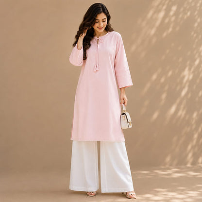 Blush Pink Cotton Kurta with White Wide Leg Trousers