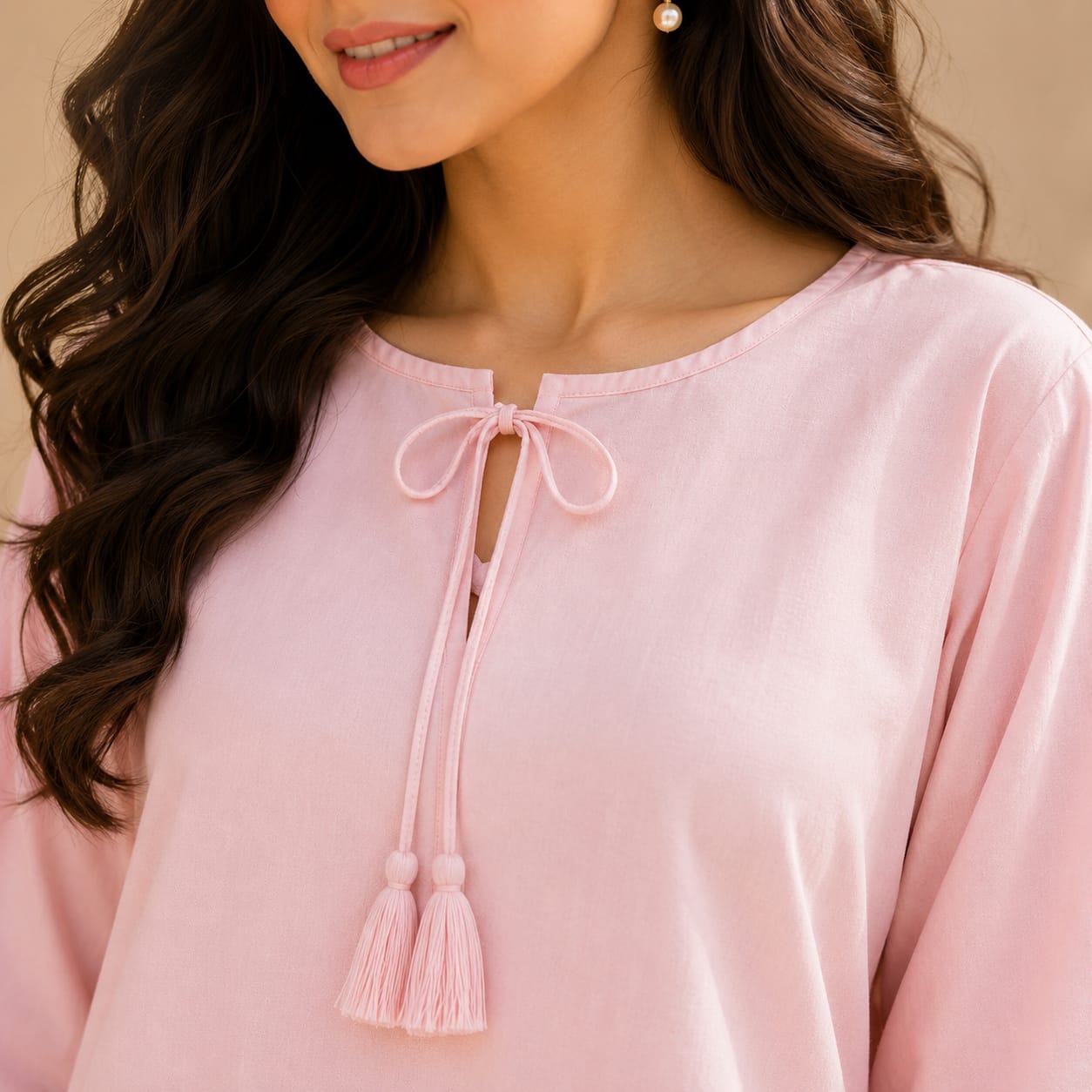 Blush Pink Cotton Kurta with White Wide Leg Trousers