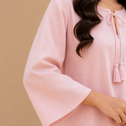 Blush Pink Cotton Kurta with White Wide Leg Trousers