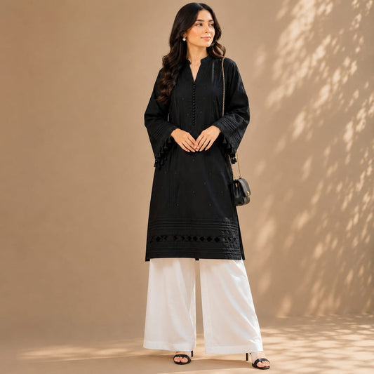 Midnight Black Cotton Kurta with White Wide Leg Trousers