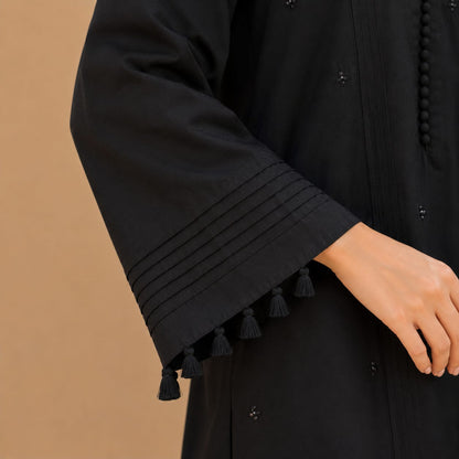 Midnight Black Cotton Kurta with White Wide Leg Trousers