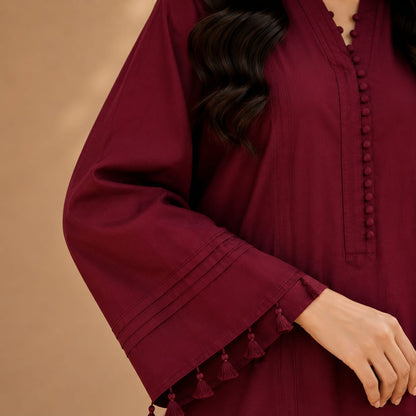 Maroon Embroidered Cotton Kurta with Black Flared Trousers