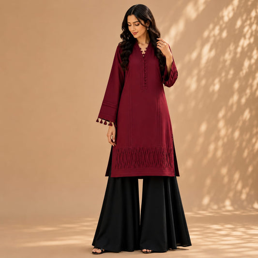 Maroon Embroidered Cotton Kurta with Black Flared Trousers