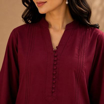 Maroon Embroidered Cotton Kurta with Black Flared Trousers