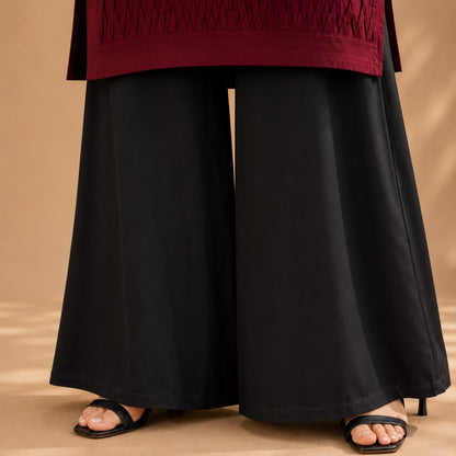 Maroon Embroidered Cotton Kurta with Black Flared Trousers