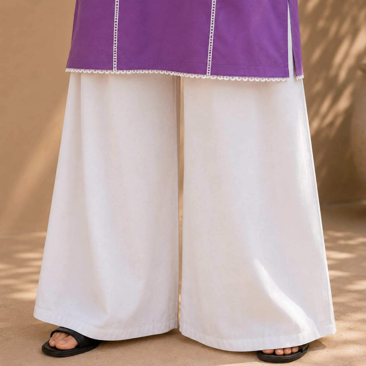 Lavender Cotton Kurta with White Wide Leg Trousers