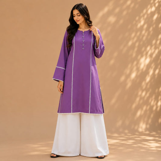 Lavender Cotton Kurta with White Wide Leg Trousers
