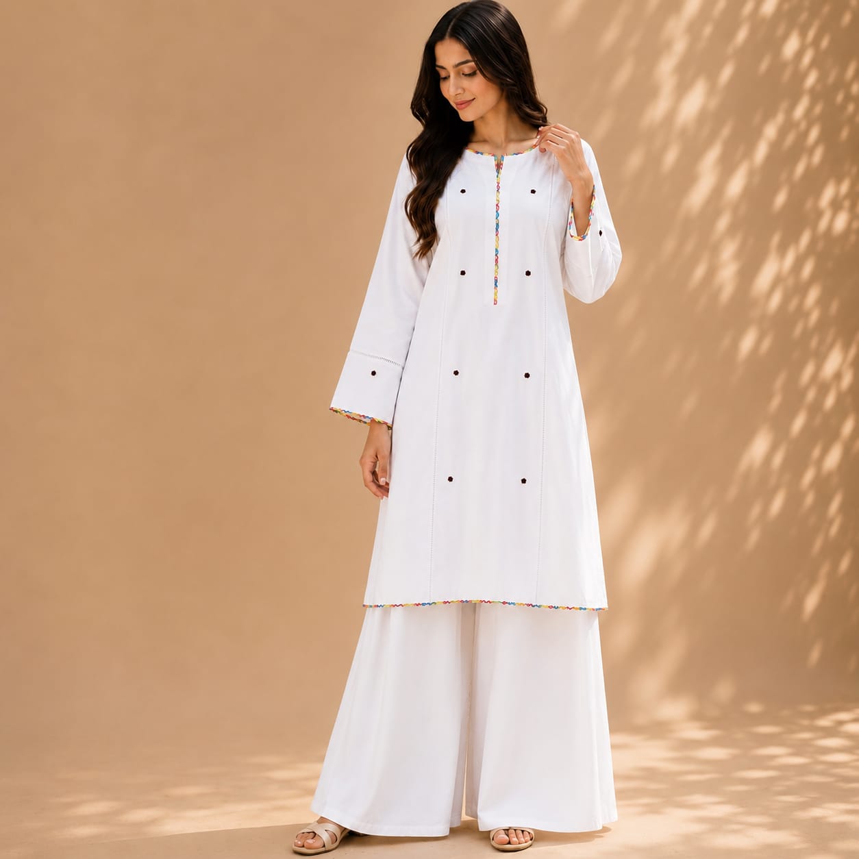 Ivory White Cotton Kurta with White Wide Leg Trousers