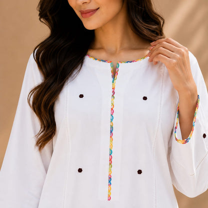 Ivory White Cotton Kurta with White Wide Leg Trousers