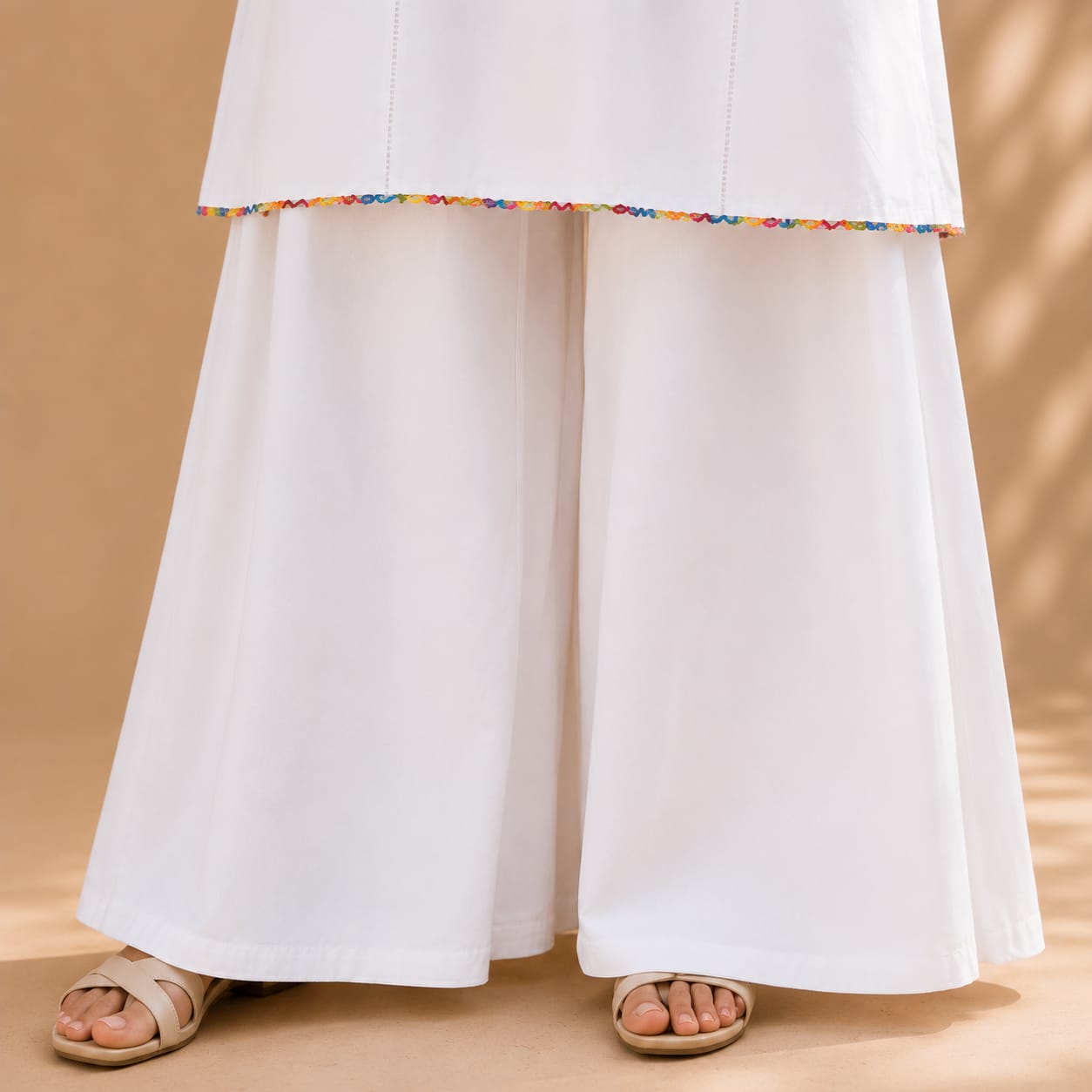 Ivory White Cotton Kurta with White Wide Leg Trousers