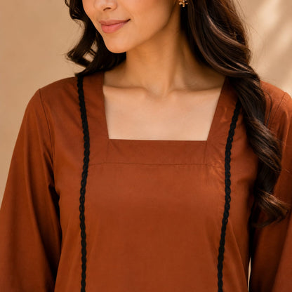 Rust Brown Cotton Kurta with Black Wide Leg Trousers