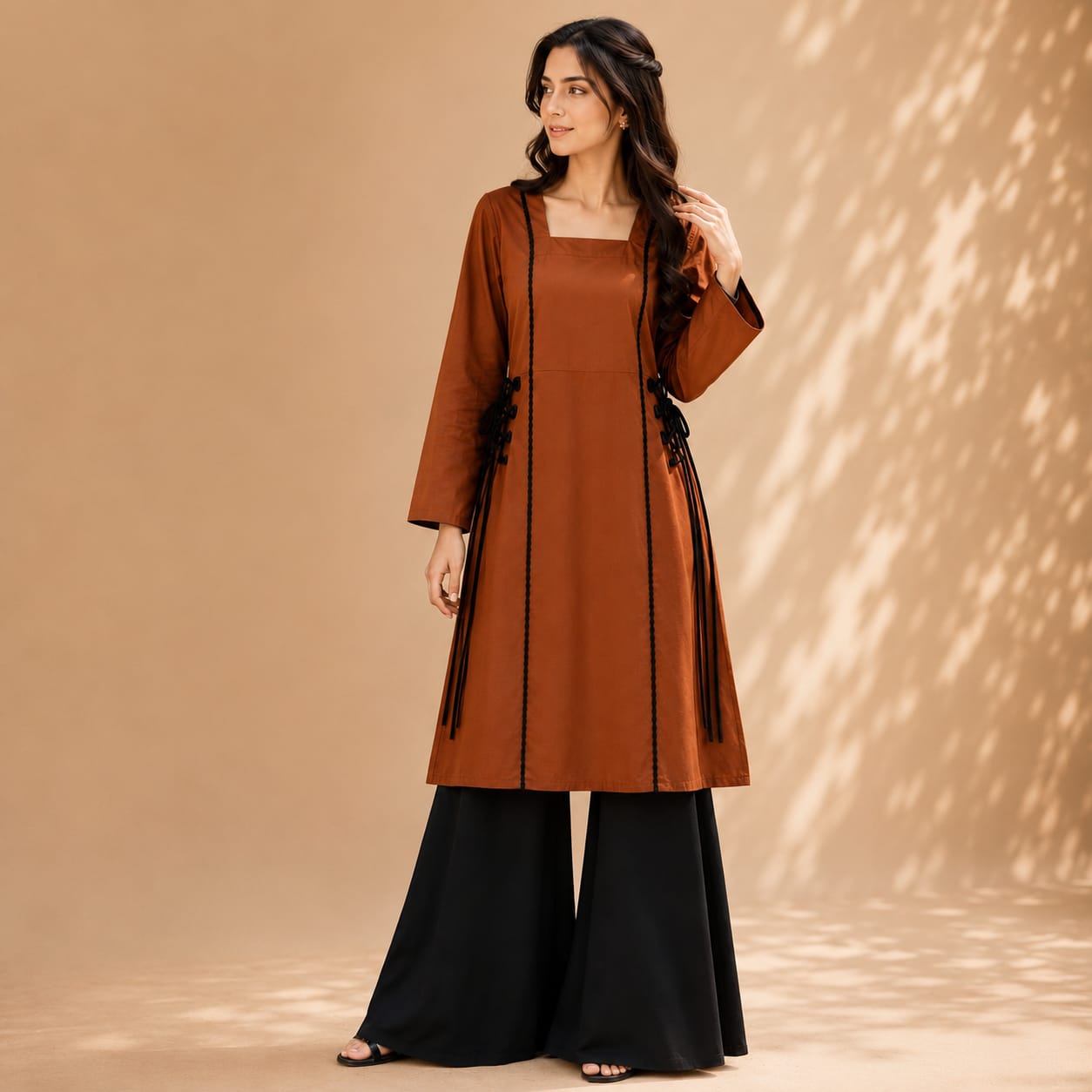 Rust Brown Cotton Kurta with Black Wide Leg Trousers
