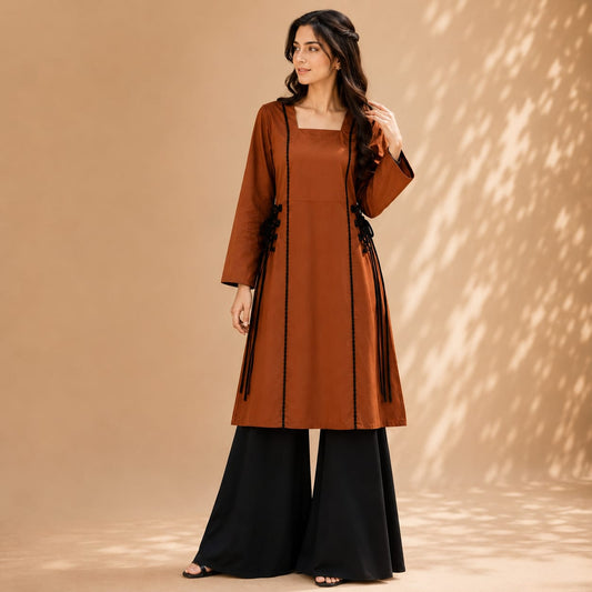Rust Brown Cotton Kurta with Black Wide Leg Trousers
