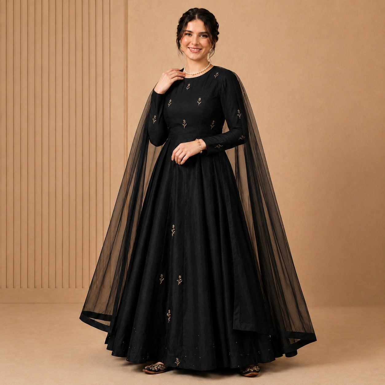 Midnight Noir Cape Sleeve Anarkali Gown Set
