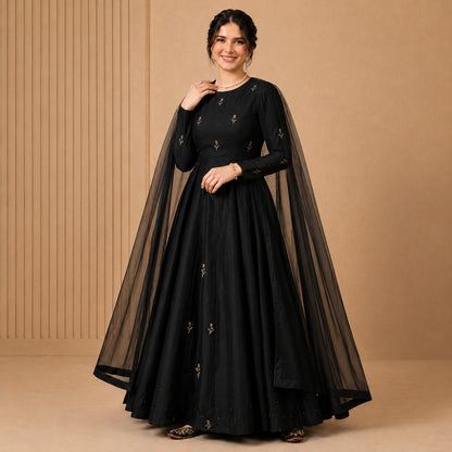 Midnight Noir Cape Sleeve Anarkali Gown Set