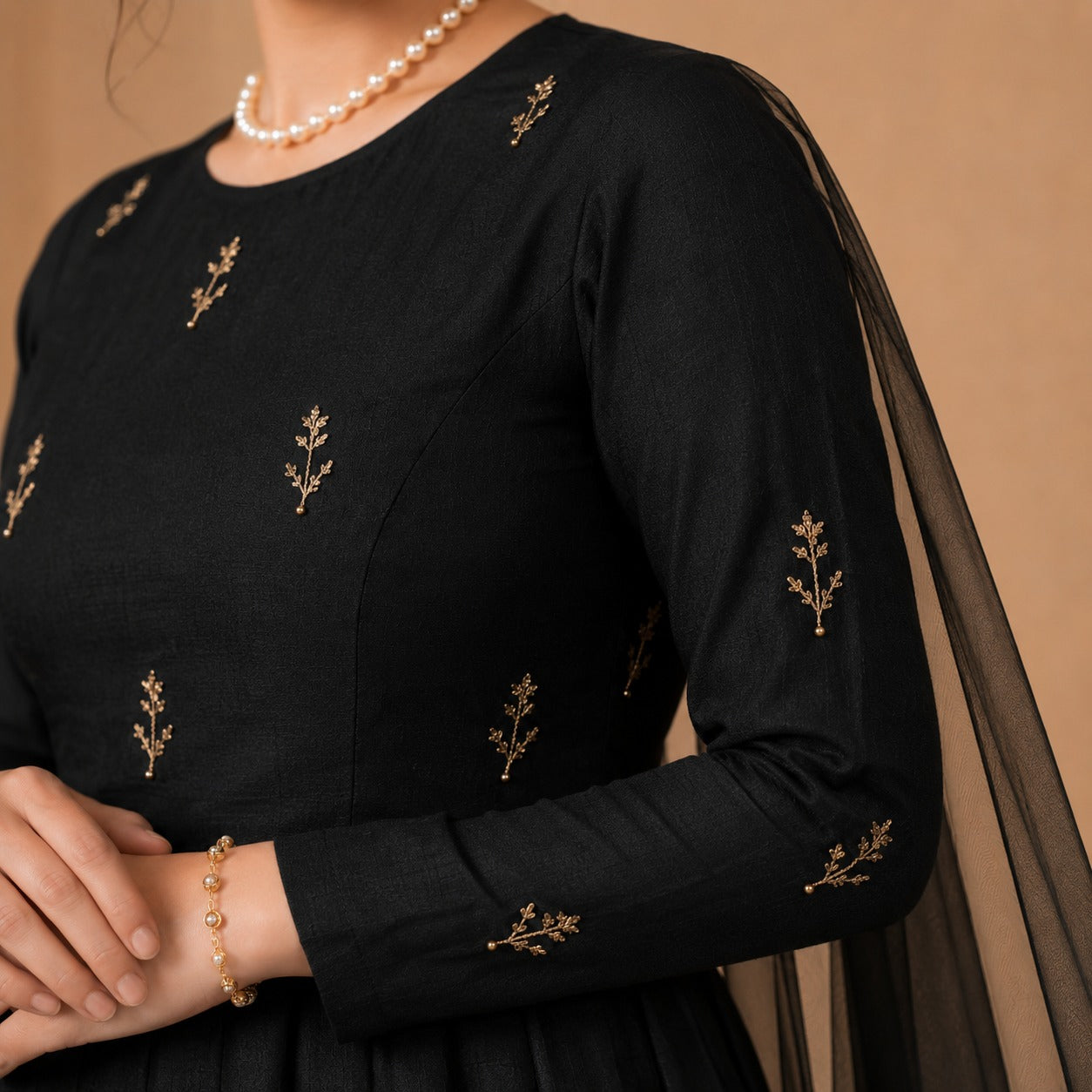 Midnight Noir Cape Sleeve Anarkali Gown Set