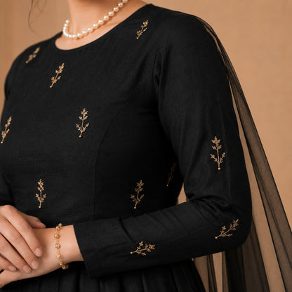 Midnight Noir Cape Sleeve Anarkali Gown Set