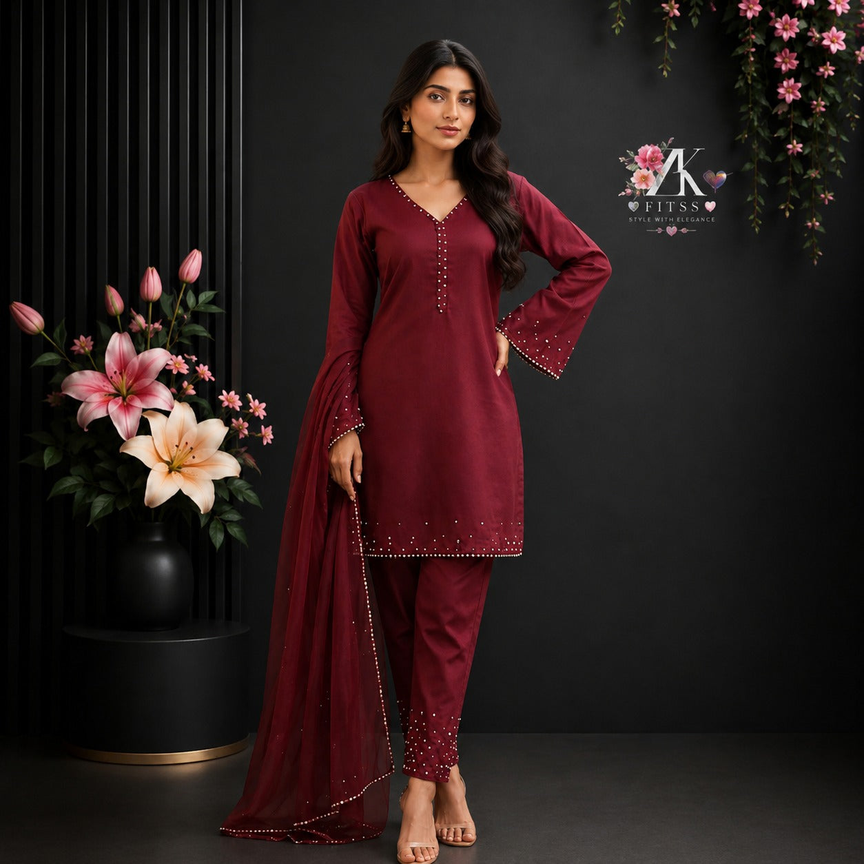 Ruby Elegance Pearl-Detailed Cotton Suit