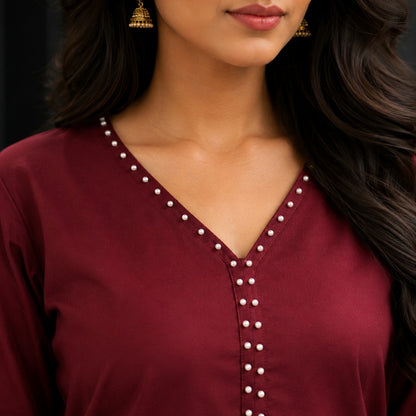 Ruby Elegance Pearl-Detailed Cotton Suit