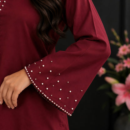Ruby Elegance Pearl-Detailed Cotton Suit