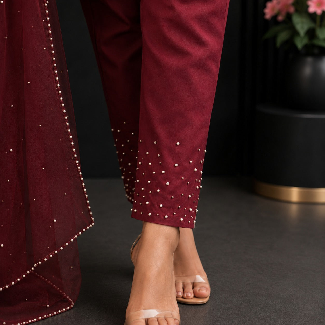 Ruby Elegance Pearl-Detailed Cotton Suit