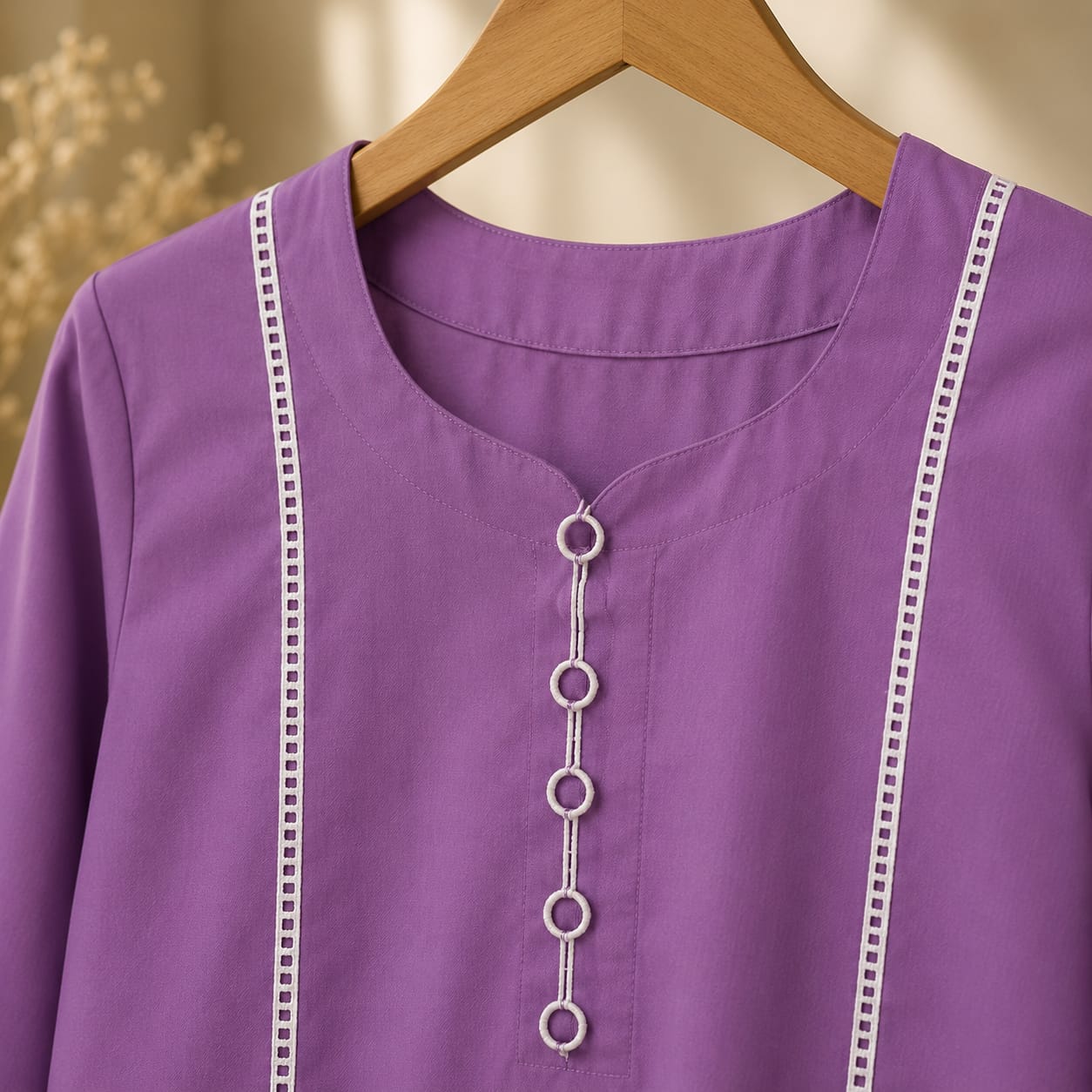 Lilac Premium Cotton Kurta with Contrast Lace Detail for Women | ZK Fitss
