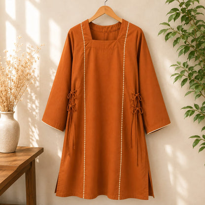 Rust Orange Premium Cotton Kurta with Side Tie Details for Women | ZK Fitss