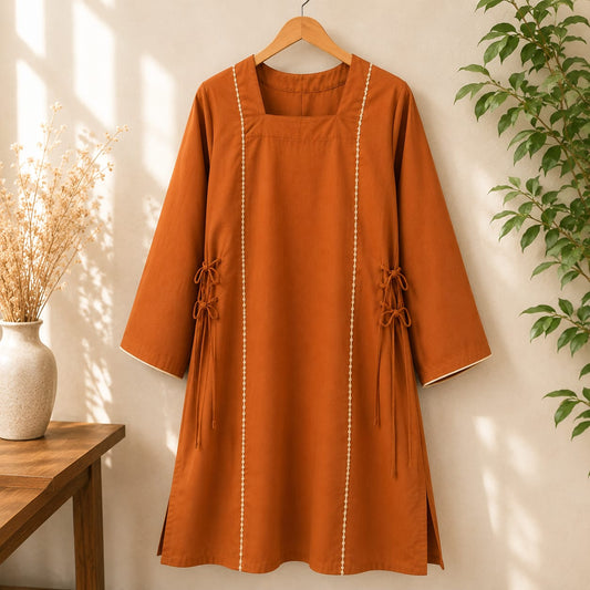 Rust Orange Premium Cotton Kurta with Side Tie Details for Women | ZK Fitss