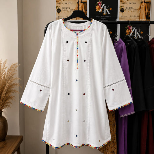 White Premium Cotton Kurta with Multicolor Lace Detail for Women | ZK Fitss