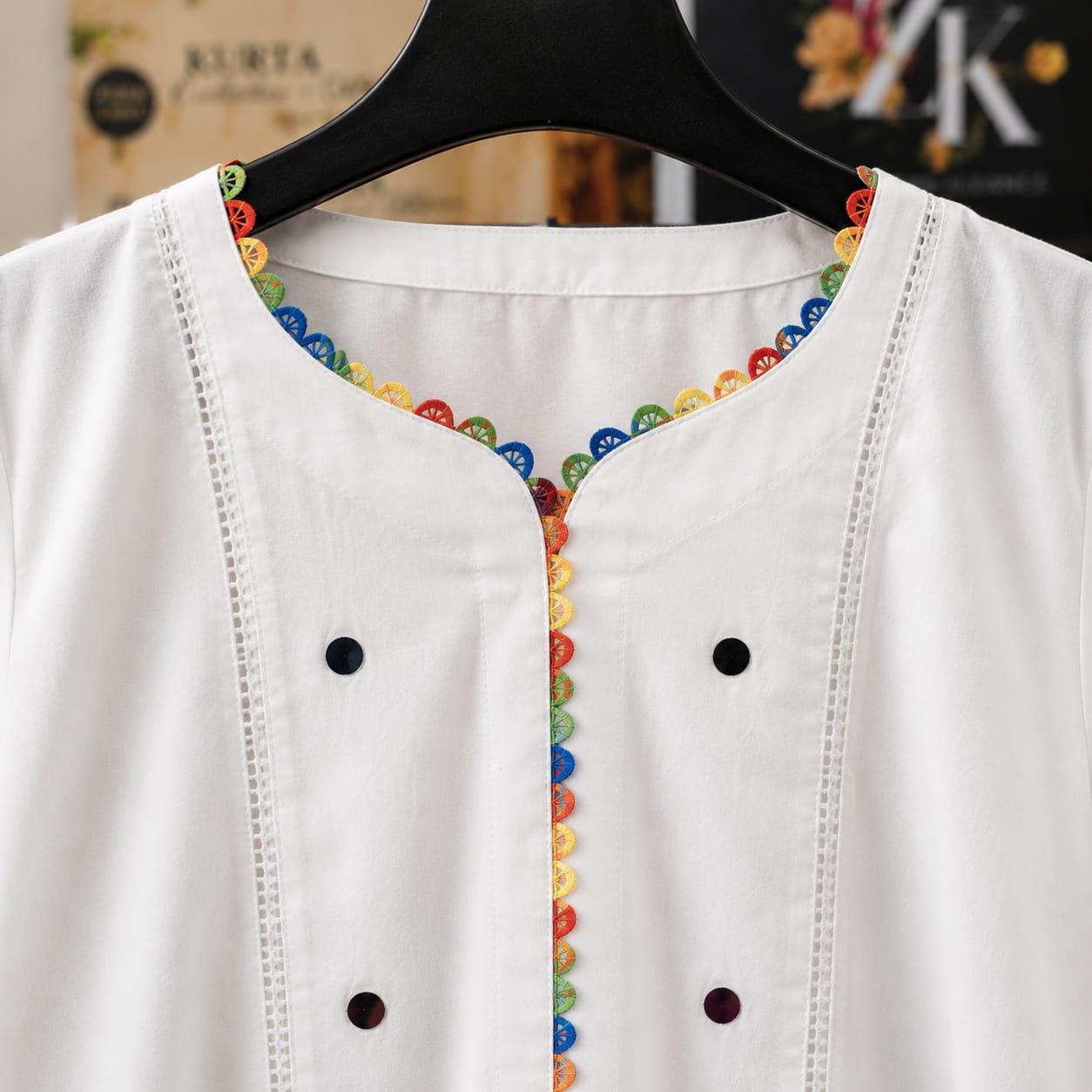 White Premium Cotton Kurta with Multicolor Lace Detail for Women | ZK Fitss