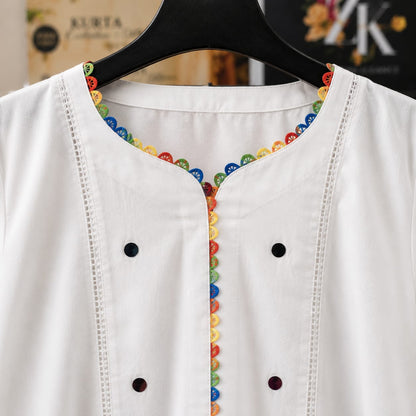 White Premium Cotton Kurta with Multicolor Lace Detail for Women | ZK Fitss