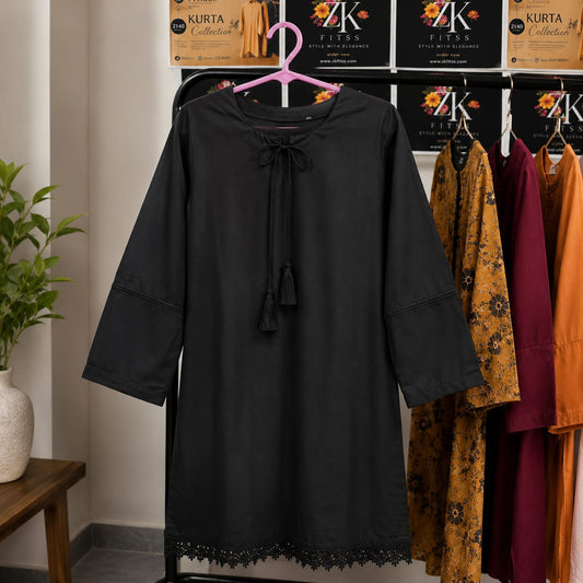 Black Premium Cotton Kurta with Tassel Neck Tie for Women | ZK Fitss