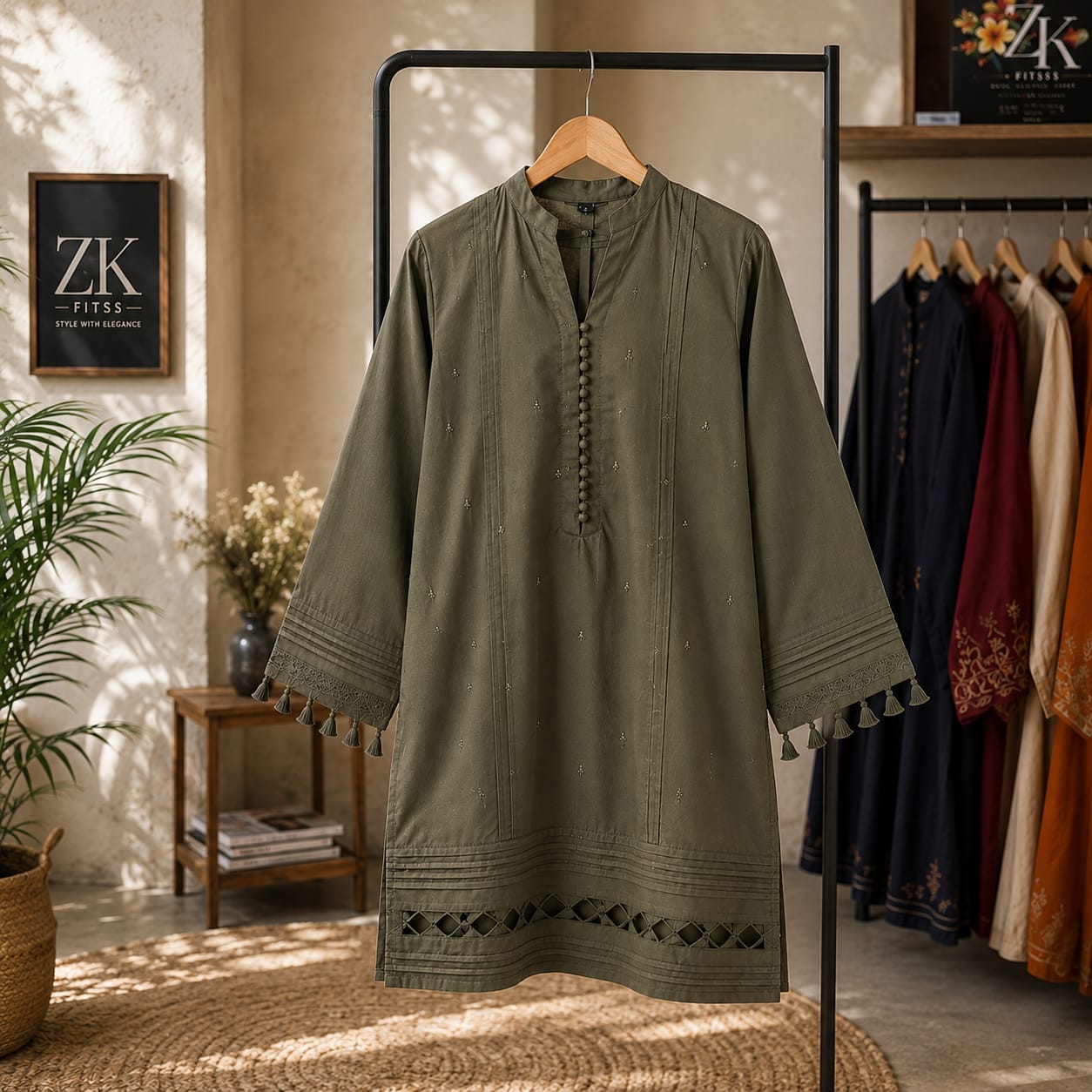 Title Olive Green Premium Cotton Kurta with Tassel Sleeves & Cutwork Hem | ZK Fitss