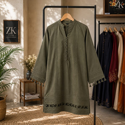 Title Olive Green Premium Cotton Kurta with Tassel Sleeves & Cutwork Hem | ZK Fitss