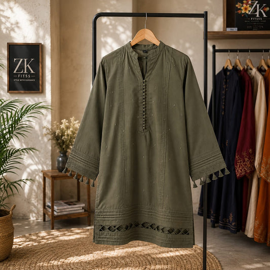 Title Olive Green Premium Cotton Kurta with Tassel Sleeves & Cutwork Hem | ZK Fitss