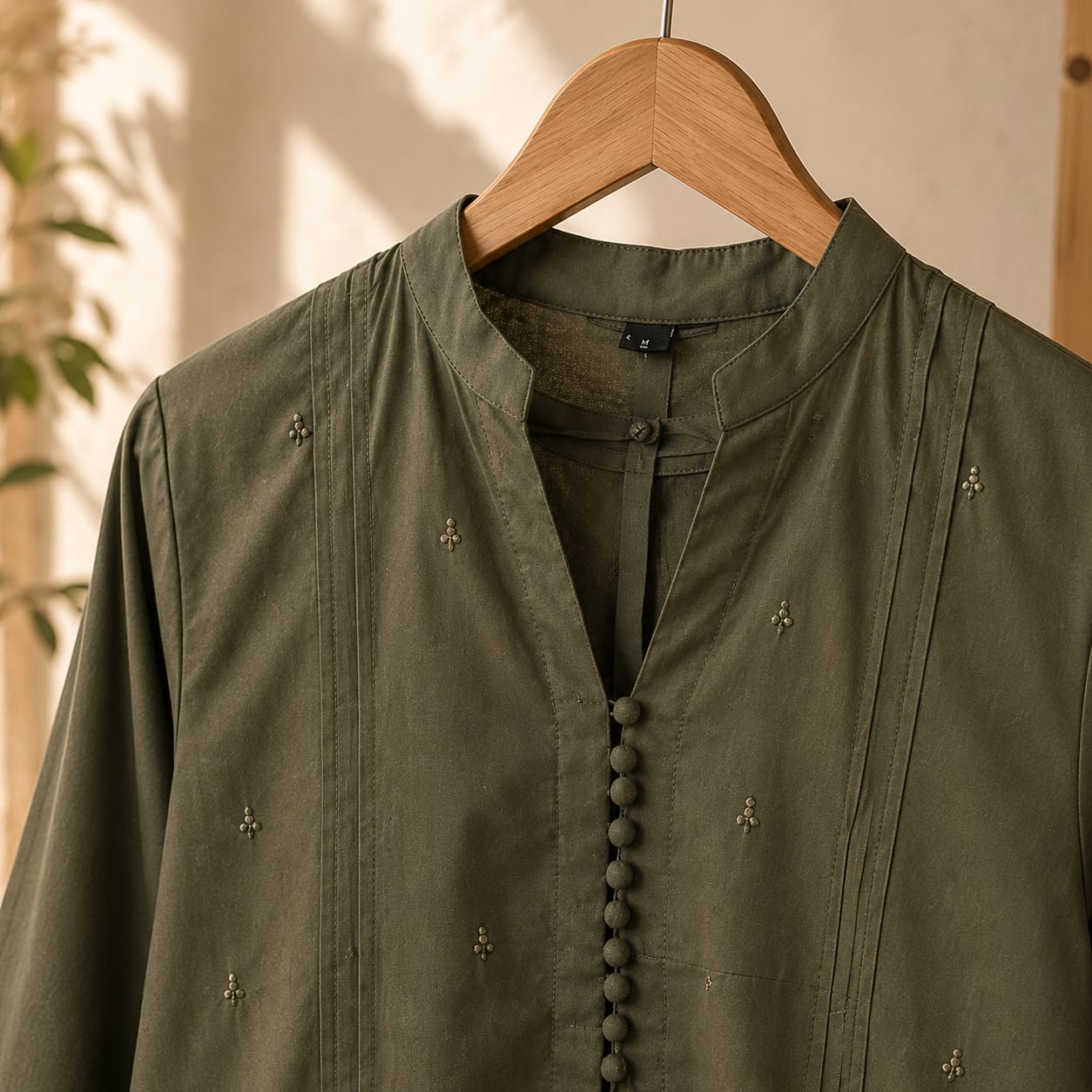 Title Olive Green Premium Cotton Kurta with Tassel Sleeves & Cutwork Hem | ZK Fitss
