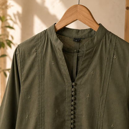 Title Olive Green Premium Cotton Kurta with Tassel Sleeves & Cutwork Hem | ZK Fitss