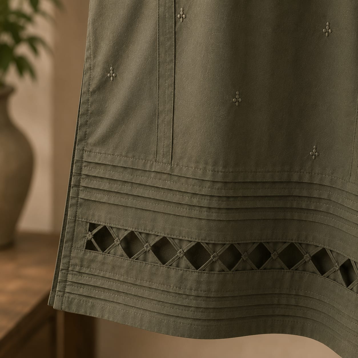 Title Olive Green Premium Cotton Kurta with Tassel Sleeves & Cutwork Hem | ZK Fitss