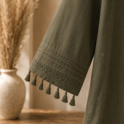 Title Olive Green Premium Cotton Kurta with Tassel Sleeves & Cutwork Hem | ZK Fitss