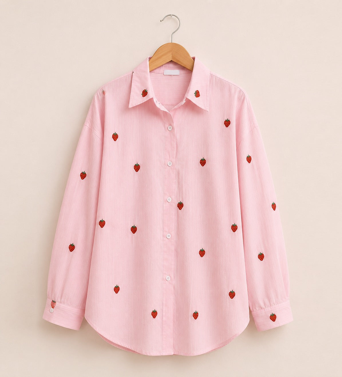 Baby Pink Strawberry Embroidered Cotton Shirt for Women | ZK Fitss