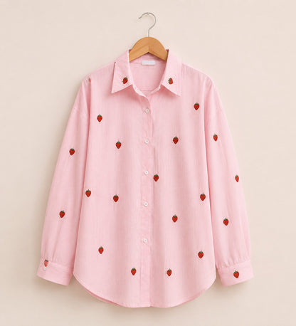 Baby Pink Strawberry Embroidered Cotton Shirt for Women | ZK Fitss