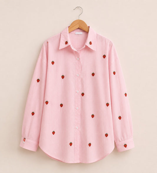 Baby Pink Strawberry Embroidered Cotton Shirt for Women | ZK Fitss