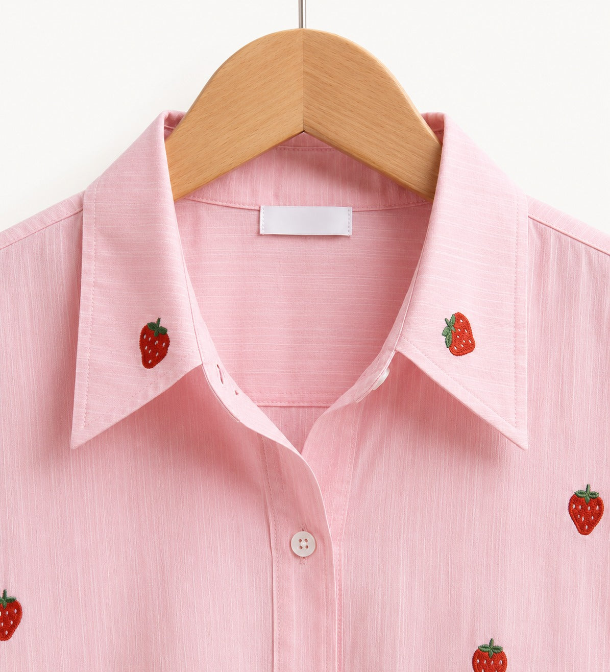 Baby Pink Strawberry Embroidered Cotton Shirt for Women | ZK Fitss
