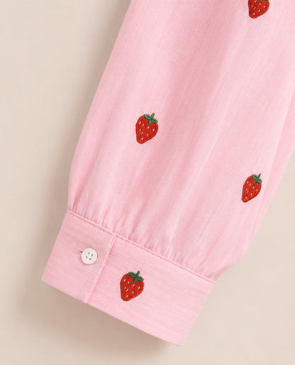 Baby Pink Strawberry Embroidered Cotton Shirt for Women | ZK Fitss