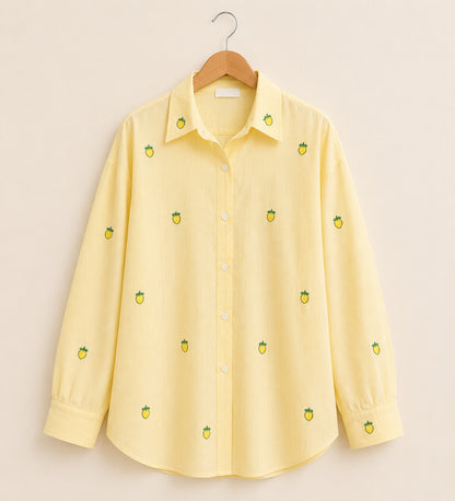 Butter Yellow Lemon Embroidered Cotton Shirt for Women | ZK Fitss